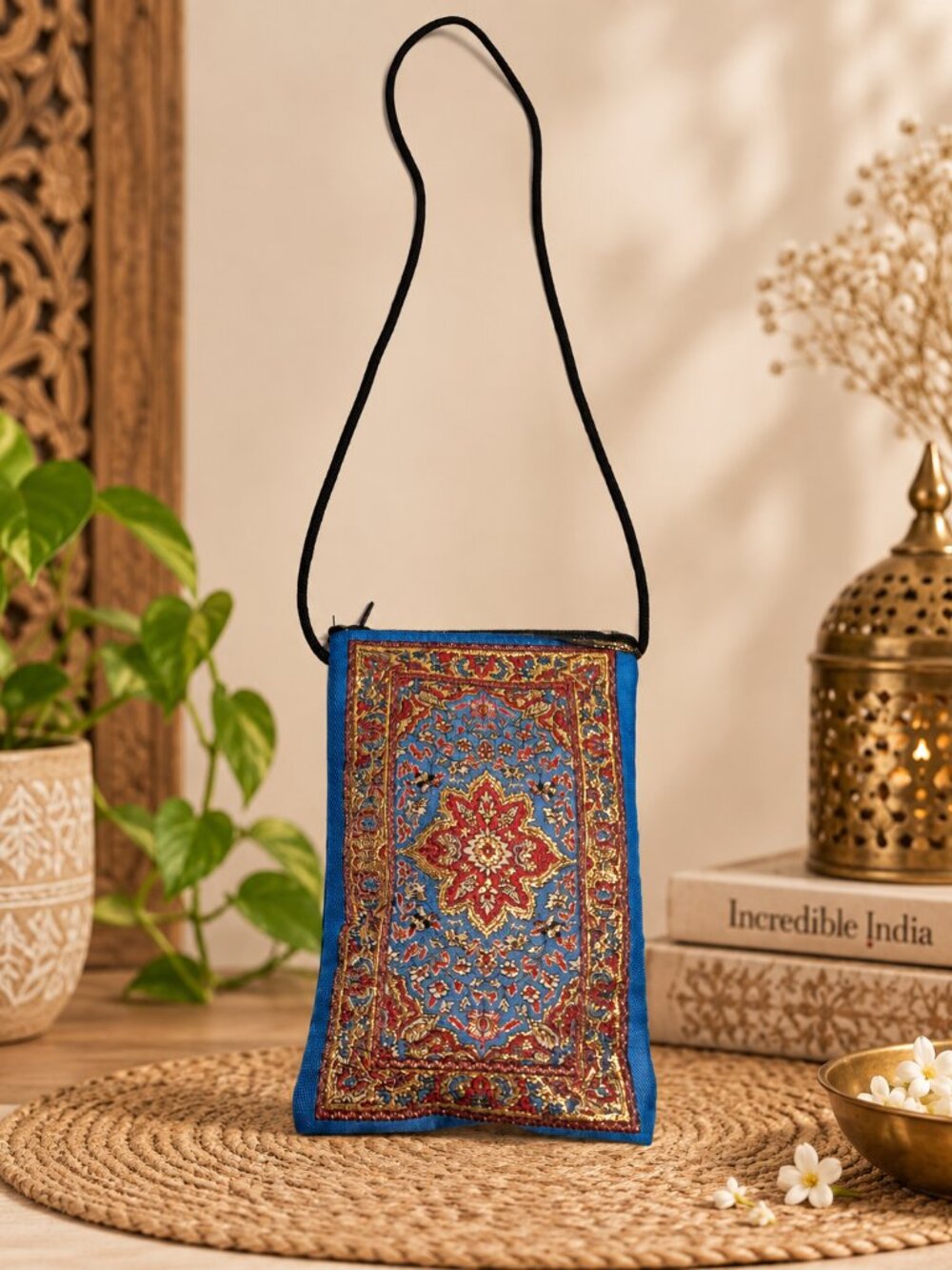 Blue Gold Kilim Rug Print Crossbody Phone Bag Persian Boho